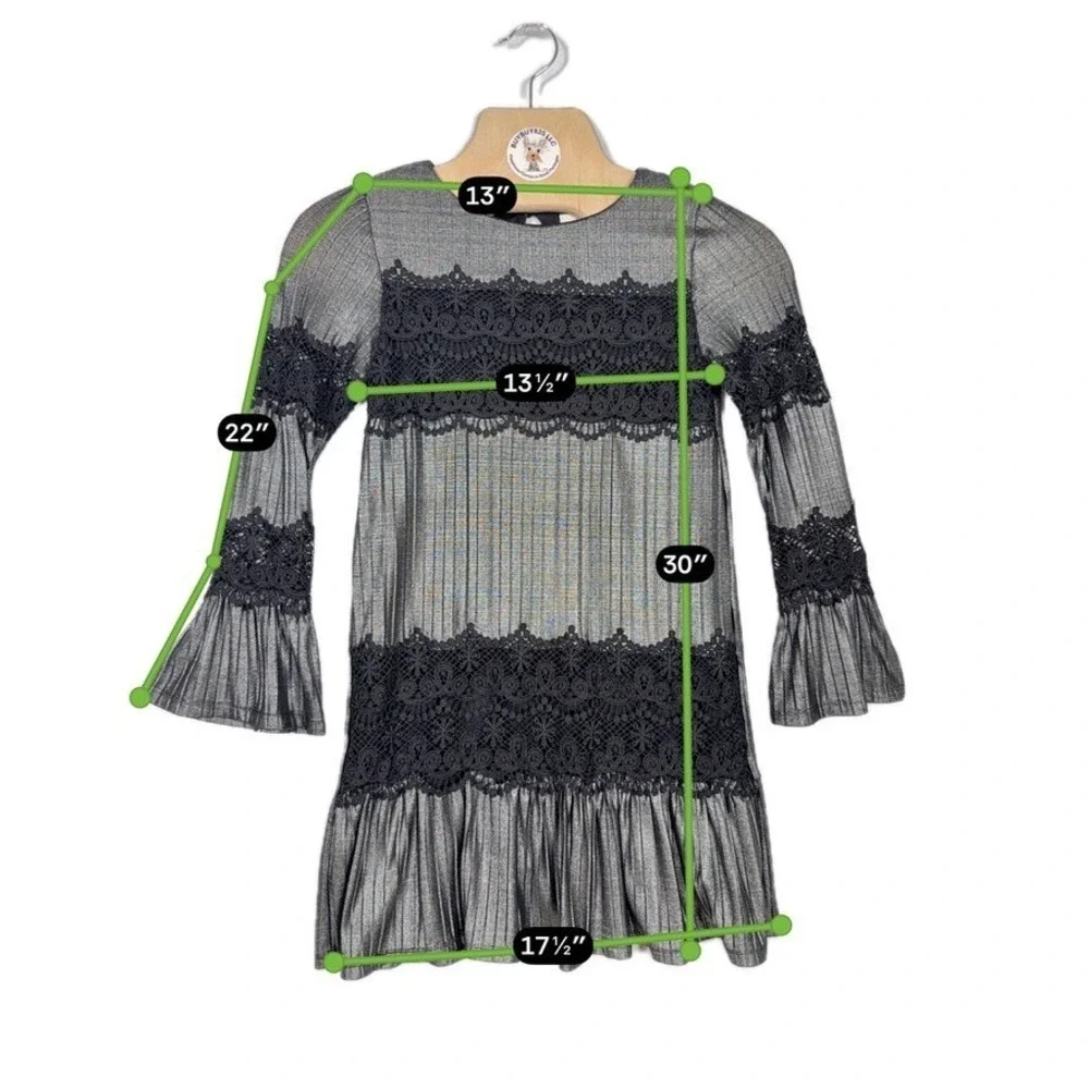 GB Girls Silver Metallic Lace Bell Sleeve‎ Party Dress Girls Medium